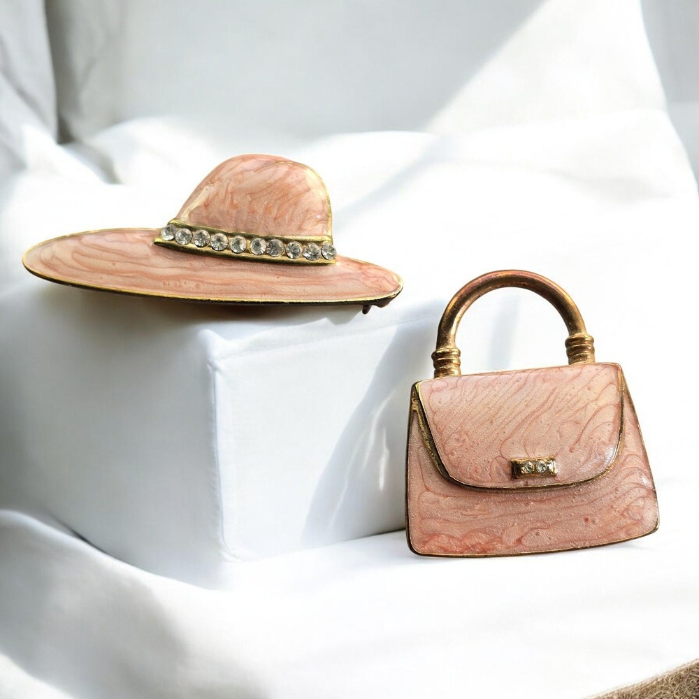 Vintage Hat and‎ Purse Brooch Set Pink Enamel Gold Tone Rhinestone Fashion Pin